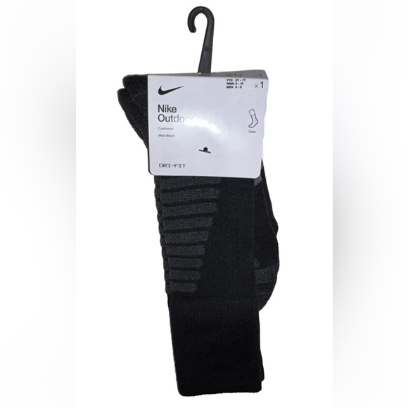 Nike Outdoor Crew Socks 1 Pair Men 6-8 Wmn 6-10 Black Gray w Logo Wool Blend NEW - Picture 1 of 10